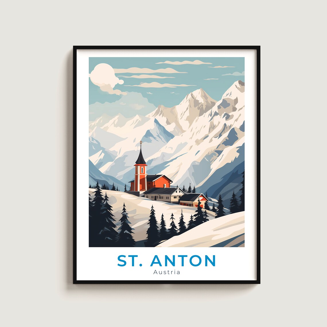 St Anton Austria Alpine Church Snowy Mountain Village Travel Poster