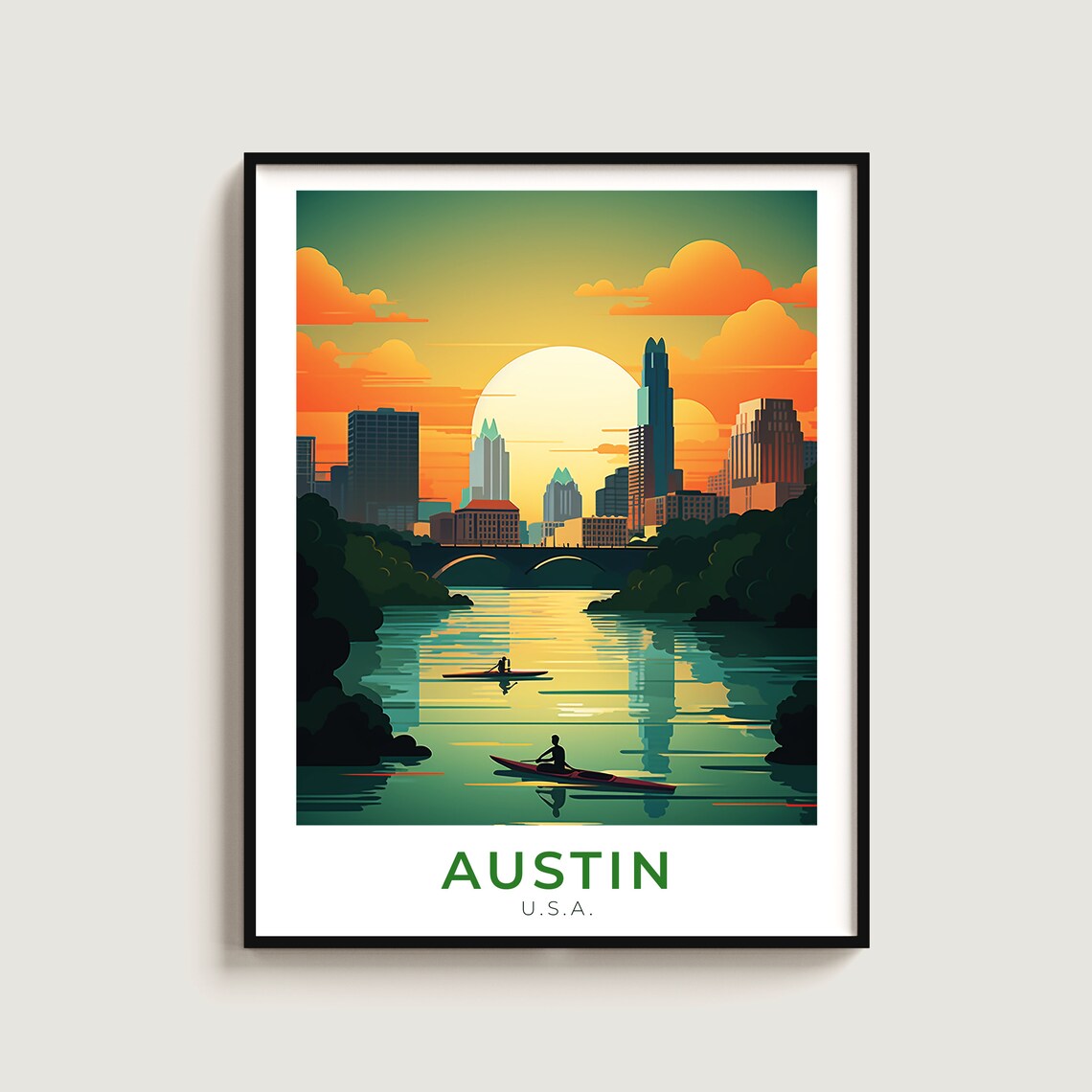 Austin Texas Skyline Kayakers Lake Sunset Bridge Water Travel Poster
