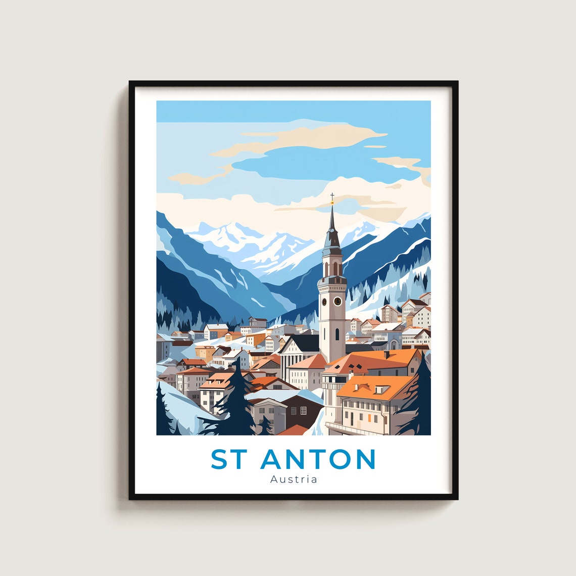 St Anton Austria Snowy Town Church Tower Alpine Mountain Ski Poster