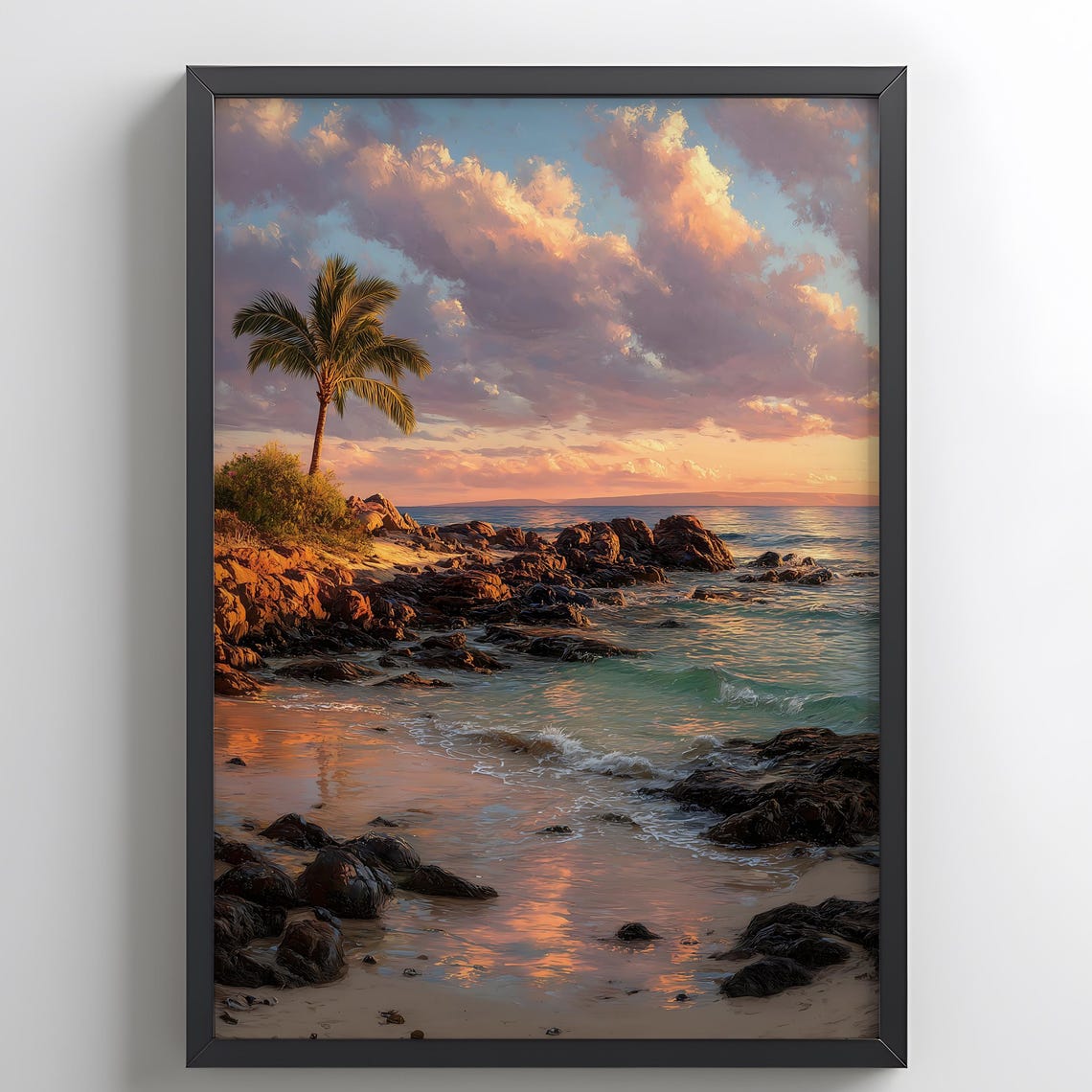 Tropical Sunset Beach With Palm Tree And Rocky Shore View Poster