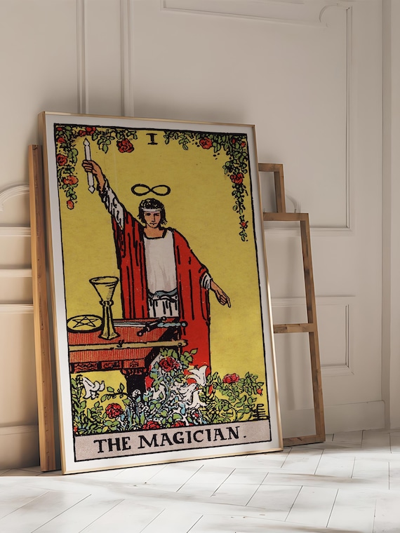 The Magician Rider Waite Tarot Card Red Robe Vintage Occult Mystical Art Poster