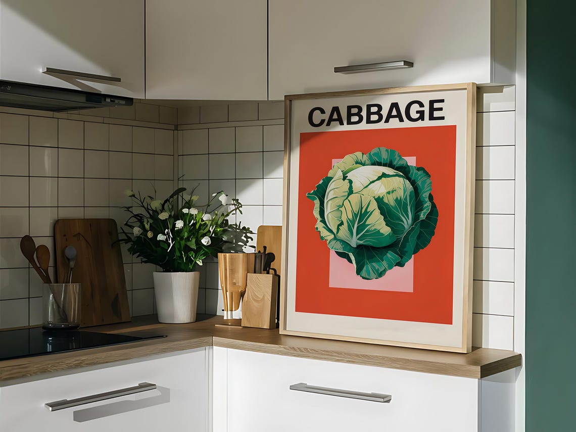 Cabbage Vegetable Art Print Farmhouse Kitchen Wall Decor Rustic Food Illustration Vintage Kitchen Art Culinary Wall Decor - Image 2