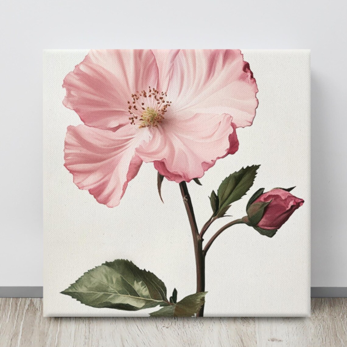 Pink Rose of Sharon Bloom and Bud Vintage Botanical Art Poster