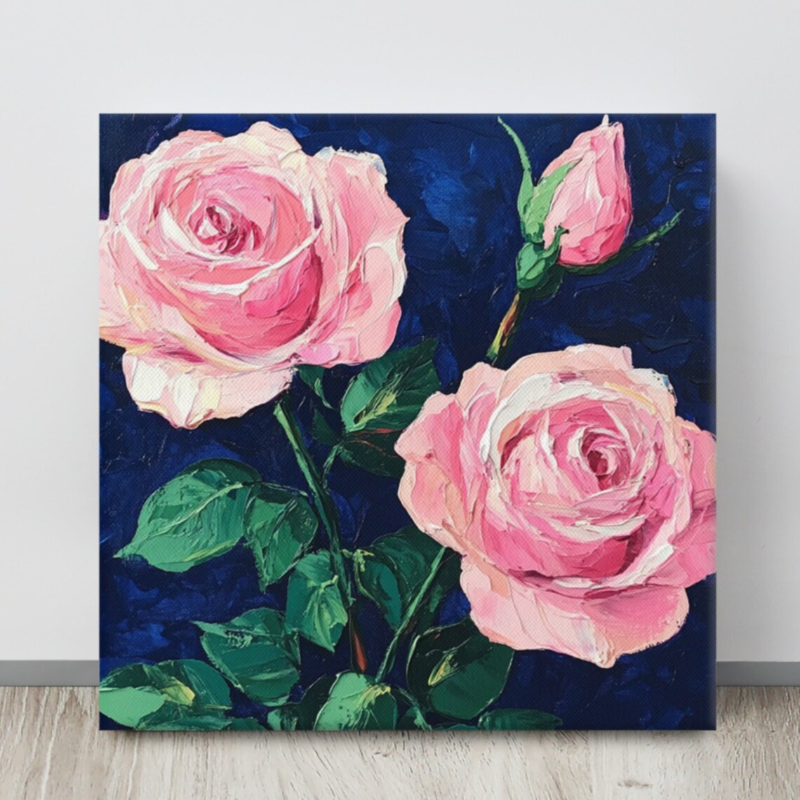 Pink Roses Impasto Oil Blooms Navy Blue Background Art Poster