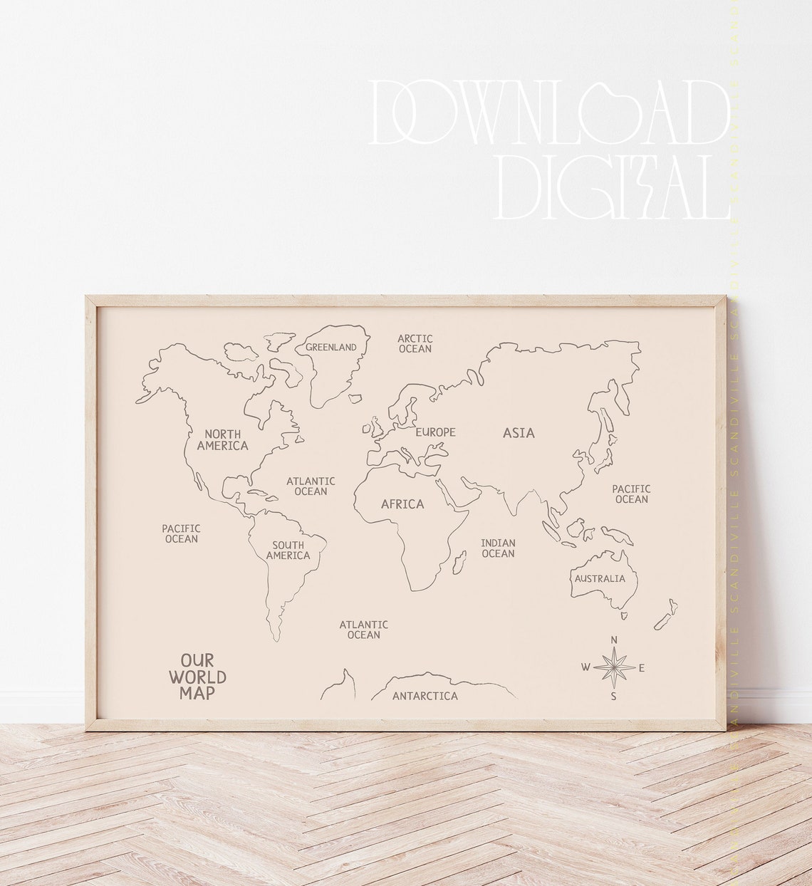 Our World Map Minimalist Beige Continents Educational Art Poster - Image 2