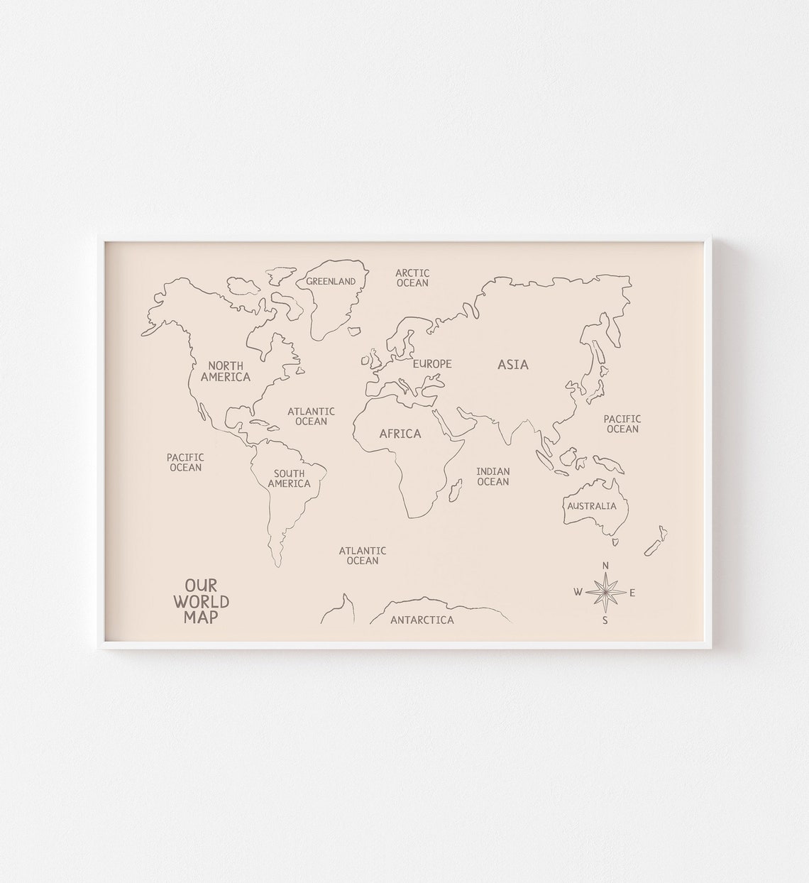 Our World Map Minimalist Beige Continents Educational Art Poster - Image 3