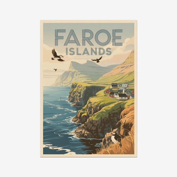 Faroe Islands Vintage Travel Poster, Retro Denmark
