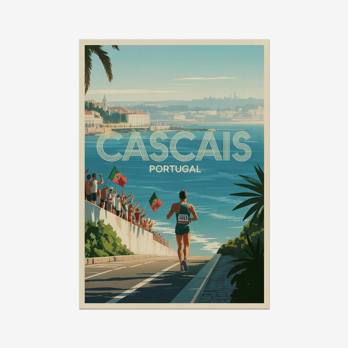 Cascais Portugal Coastal Road Marathon Runner Vintage Triathlon Poster