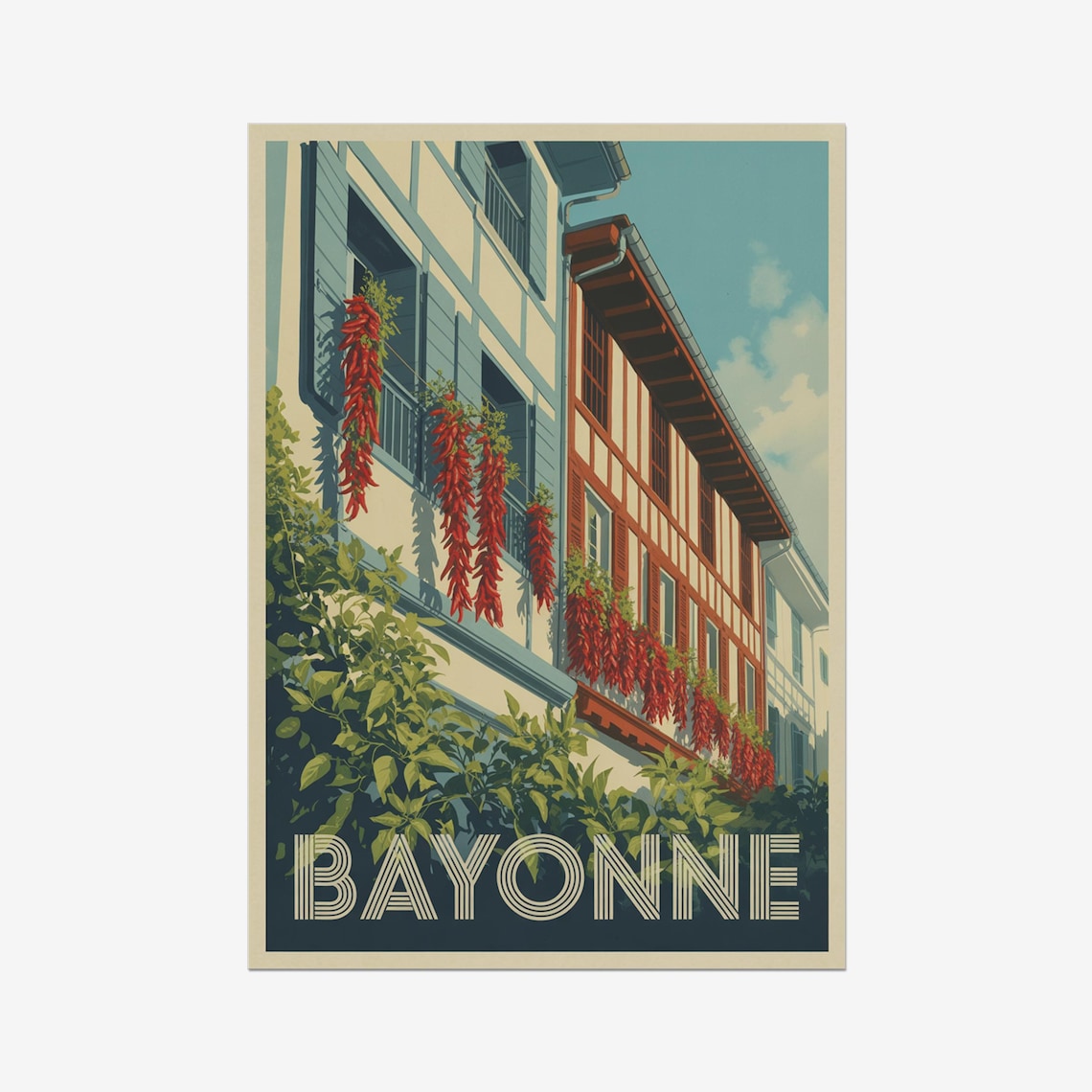 Bayonne France Basque Houses Red Chili Peppers Vintage Travel Poster