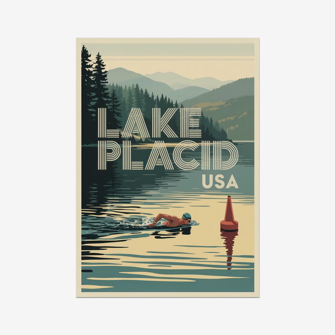 Lake Placid USA Vintage Triathlon Swim Race Retro Sport Poster