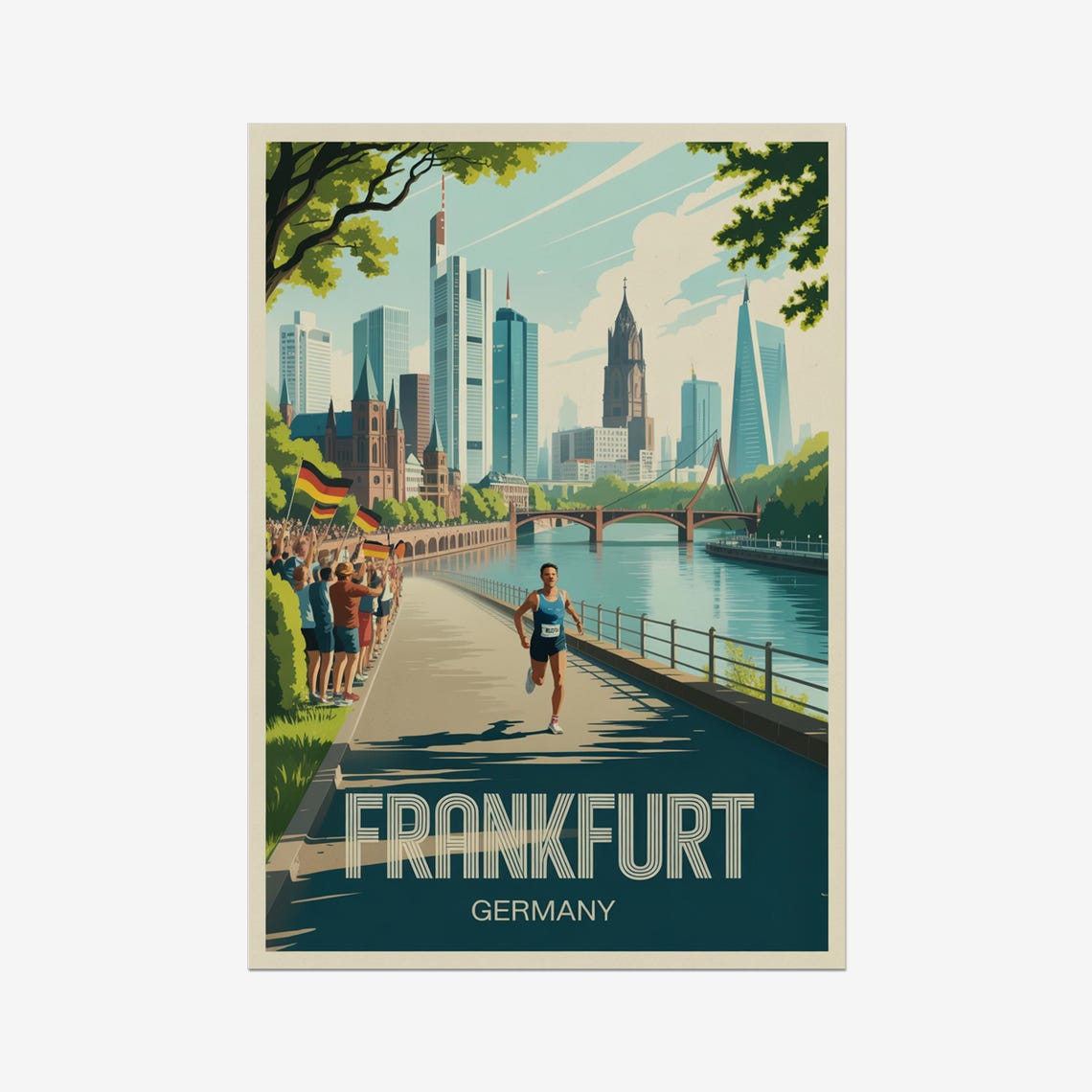 Frankfurt Germany Marathon Runner Riverside Skyline Vintage Run Poster