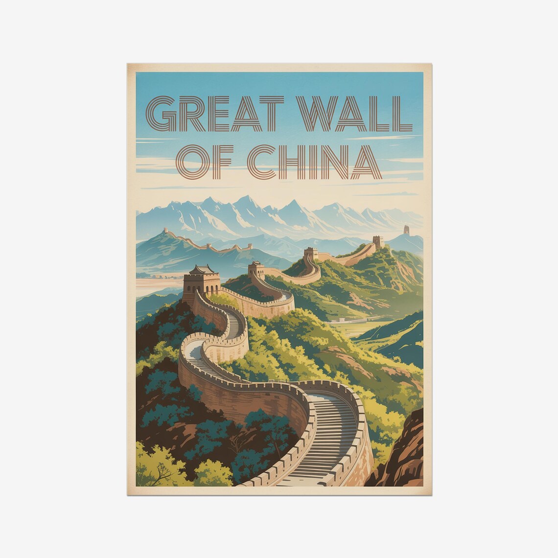 Great Wall of China Mountain Vista Vintage Retro Travel Poster