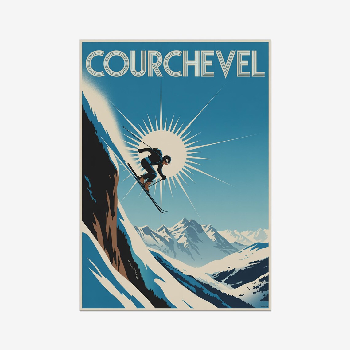 Courchevel French Alps Soaring Skier Sun Retro Ski Travel Poster