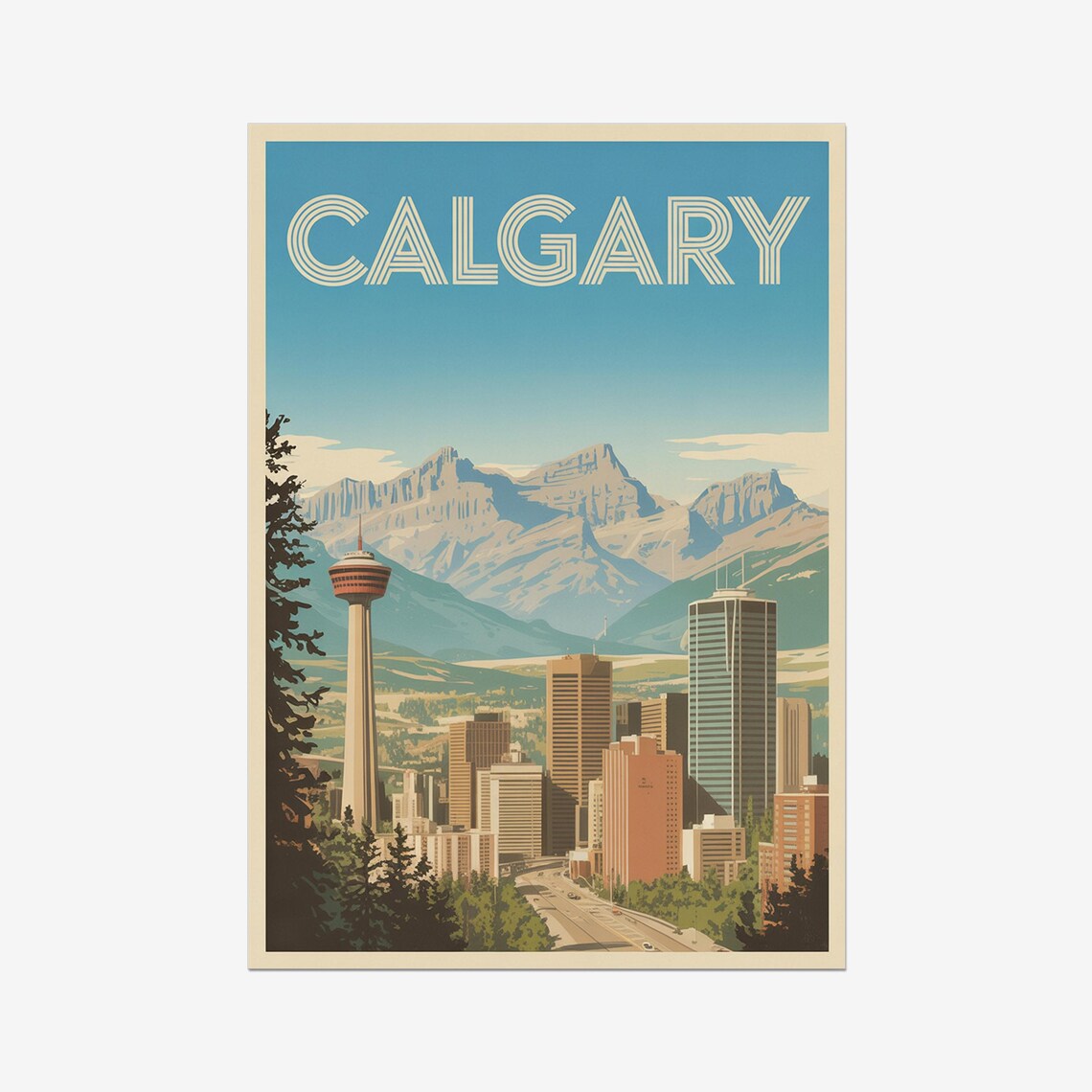 Calgary Canada Tower Skyline Rocky Mountains Vintage Travel Poster