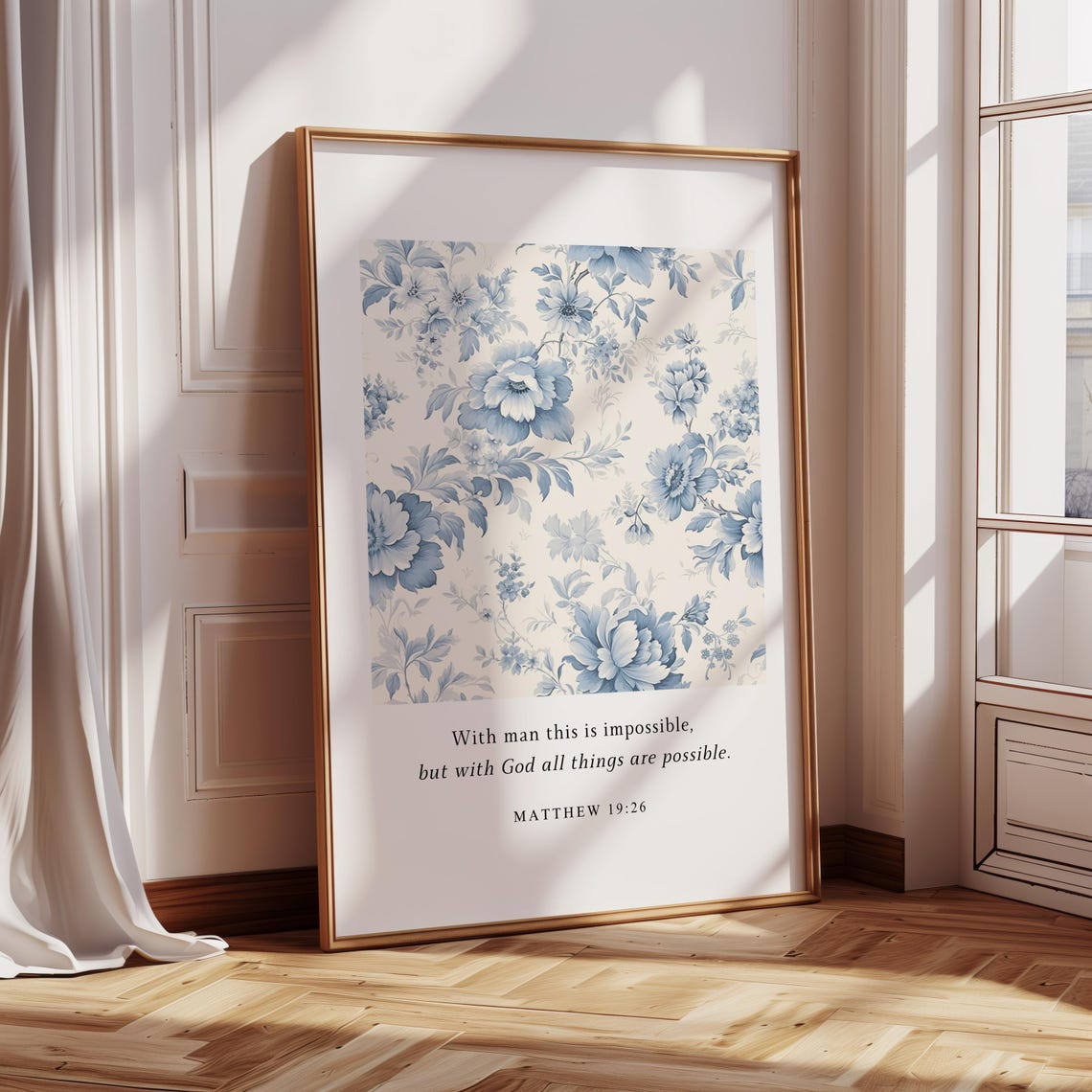 With God All Things Are Possible Matthew 19:26 Blue Floral Poster