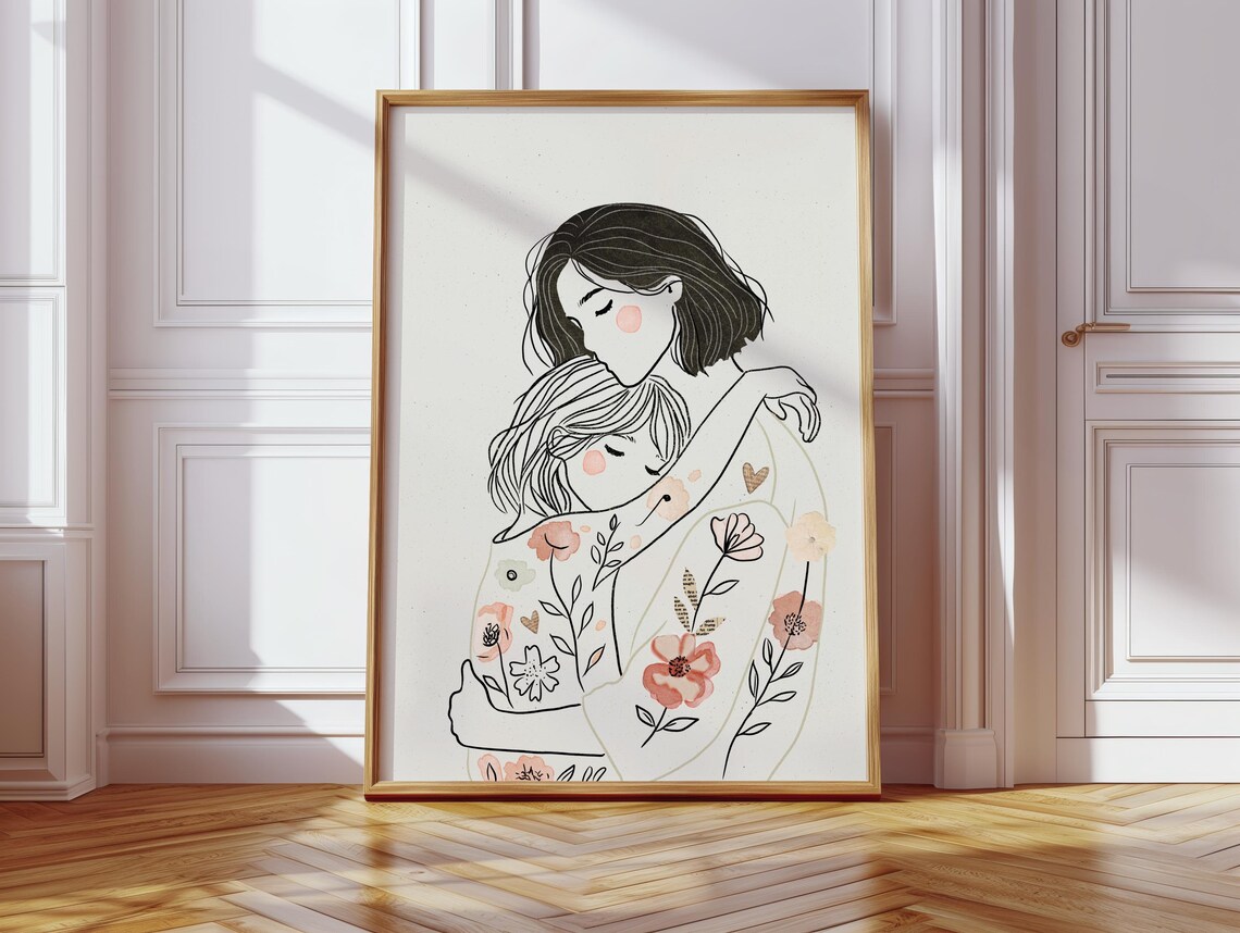 Mother Kissing Daughter Floral Line Art Mothers Day Portrait Poster - Image 2