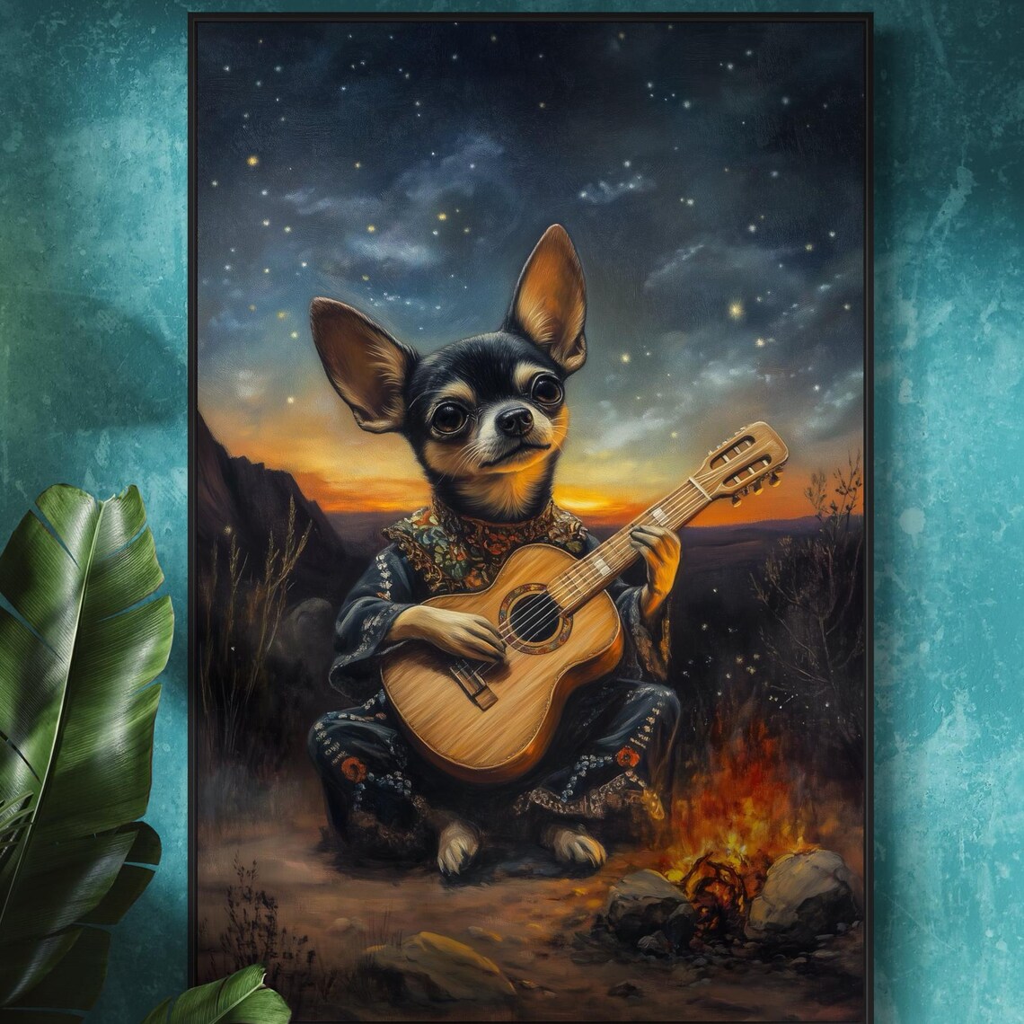 Tiny Chihuahua Mariachi Playing Guitar by Campfire at Sunset Poster
