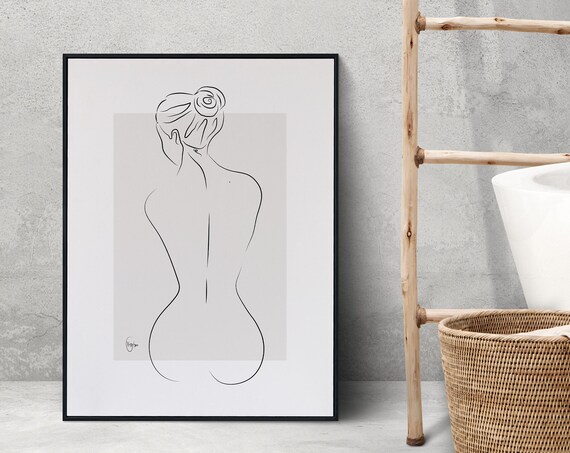 Nude Woman With Curves Bathroom Wall Art Eclectic Female Figure Love Your Body Grey Background Poster Positive