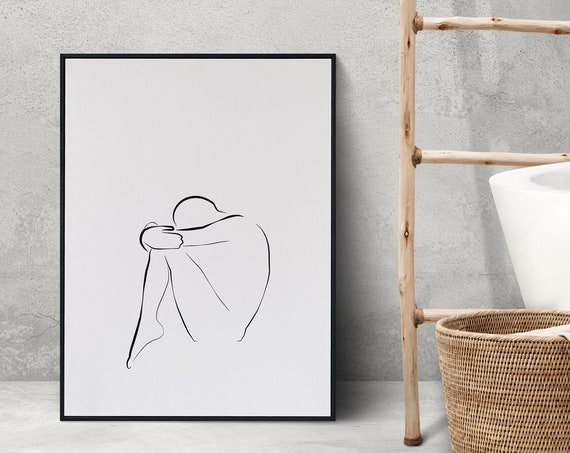 Minimalist Black And White Line Art Print Figure Drawing Body Nude Outline Wall File