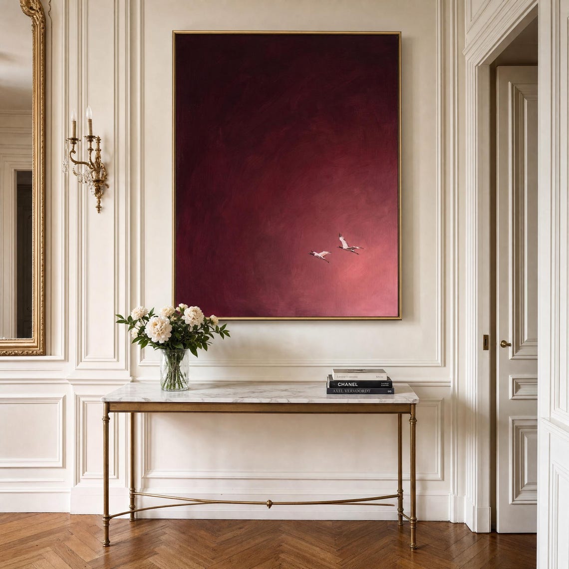 Burgundy Wall Art Dark Red Sky Oil Painting Two Birds In Flight Print Deep Wine Bedroom Decor Above Bed - Image 3