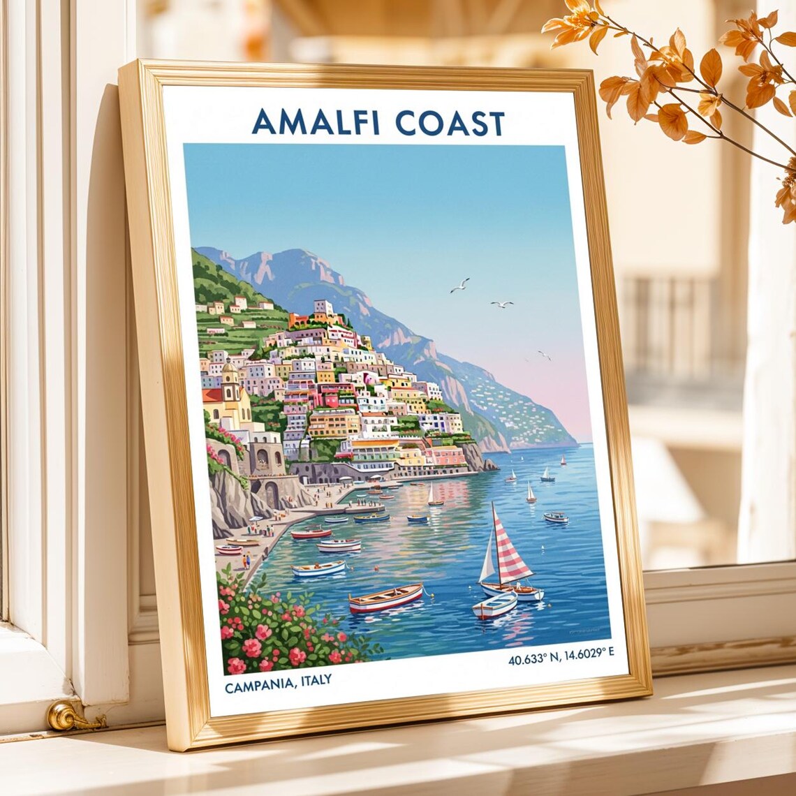 Amalfi Coast Italy Campania Vintage Seaside Village Travel Poster