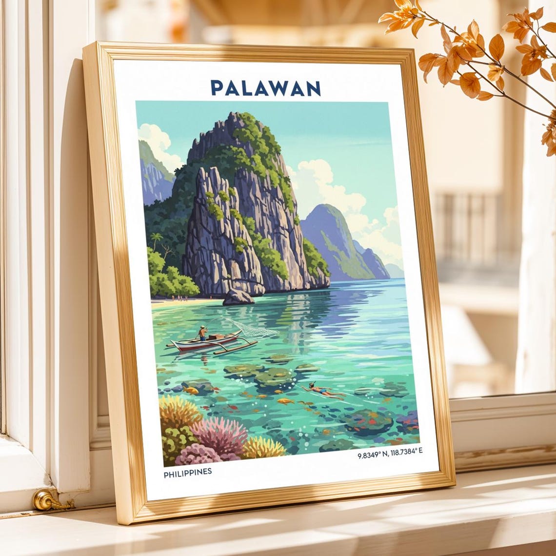 Palawan Philippines Limestone Cliffs Reef Snorkel Travel Poster