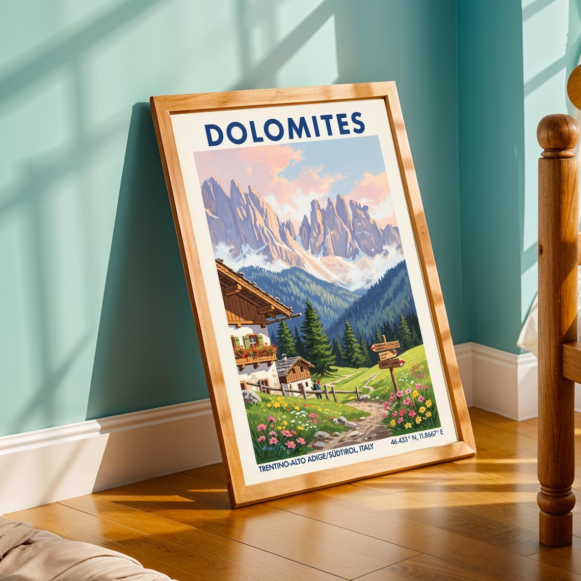 Dolomites Italy Alpine Chalet Wildflower Meadow Vintage Travel Poster