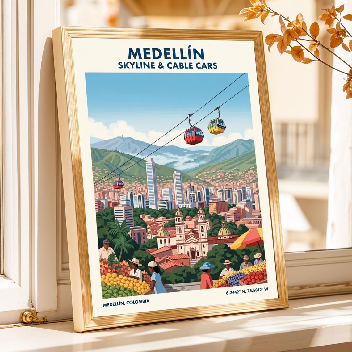 Medelln Colombia Skyline Poster Cable Car Cityscape Art