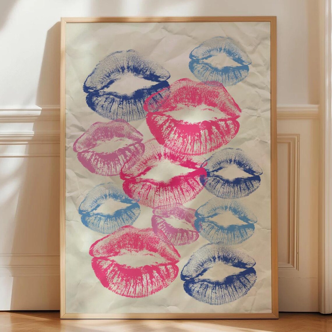 Vintage Lipstick Kiss Prints Pink Blue Pop Art Wall Decor Poster