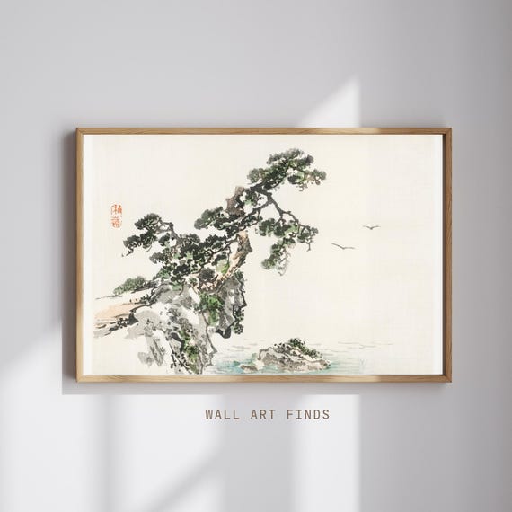 Kno Bairei Pine Cliff Print Japanese Landscape Ink Art Sumie Coastal Scene Vintage Zen Wall Decor 300 Dpi