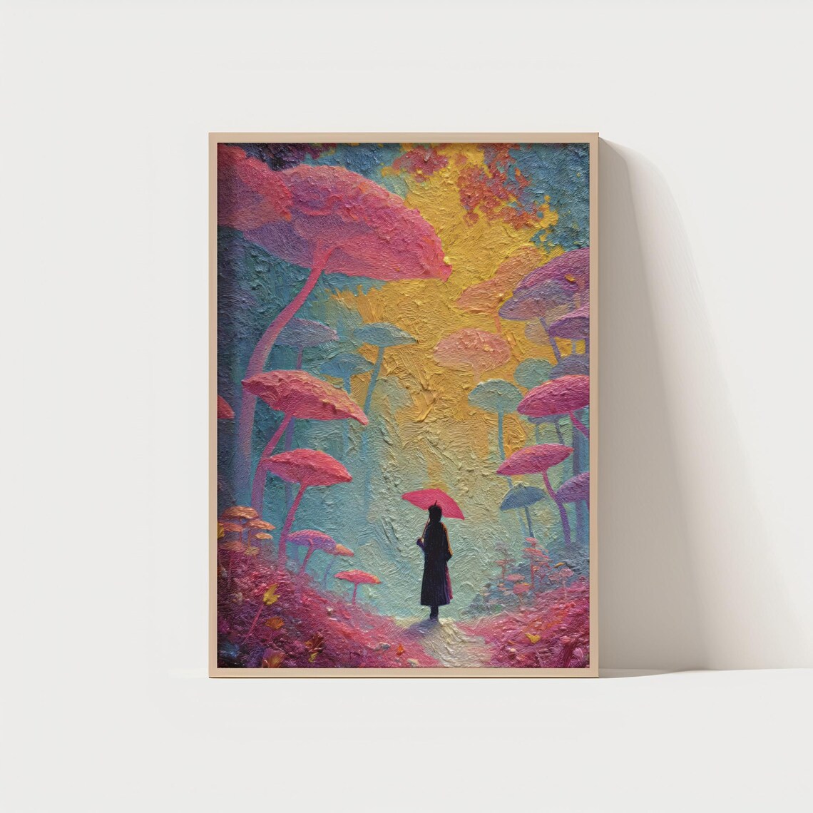 Dreamy Fantasy Forest With Giant Mushrooms Colorful Oil Poster