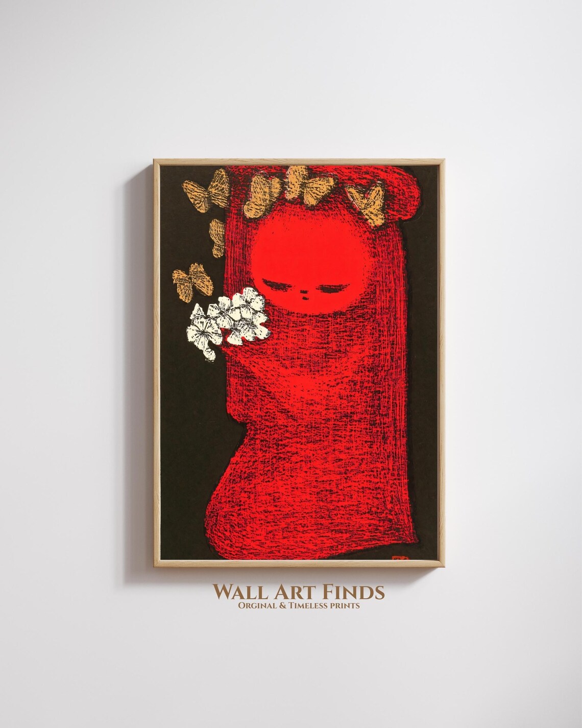Red Cloaked Girl with Butterflies Japanese Minimalist Poster