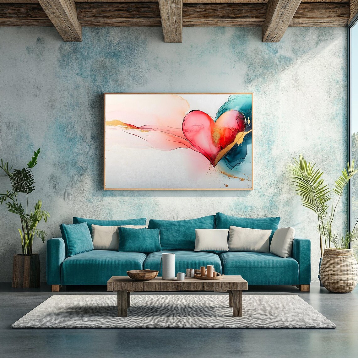 Abstract Watercolor Heart Painting Red Teal Ink Wash Romantic Wall Art