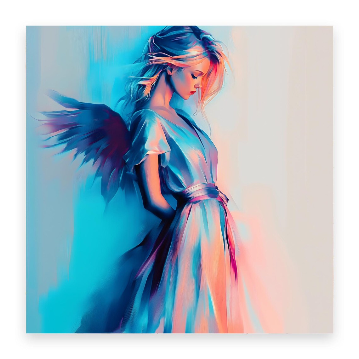 Elegant Blue Angel Profile Painting Flowing Gown Ethereal Wall Art