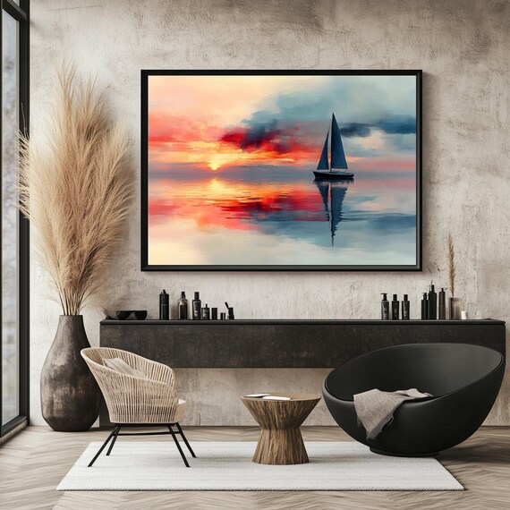 Sailboat Sailing Into Dramatic Red Orange Sunset Sea Reflection Art Poster