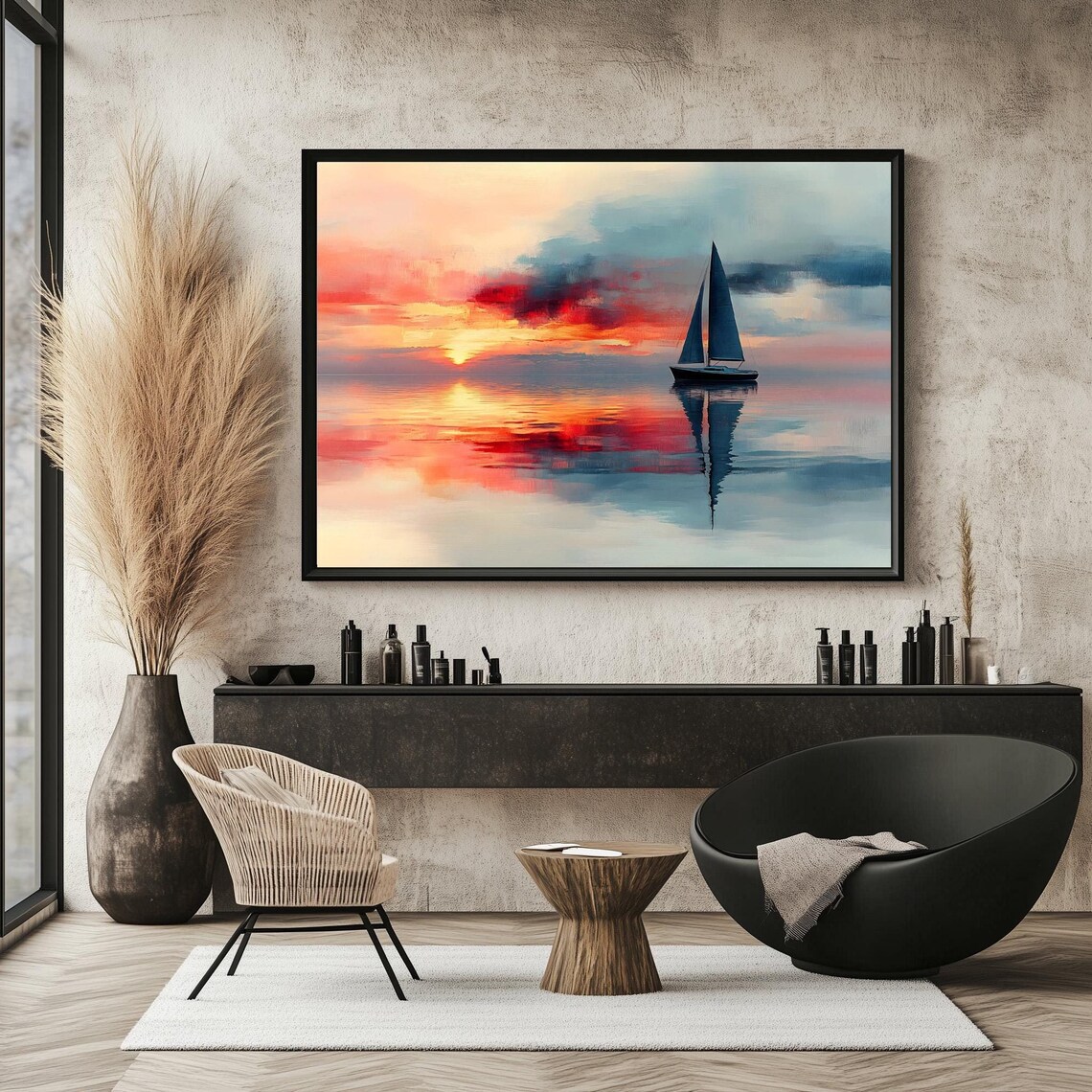 Sailboat Sailing Into Dramatic Red Orange Sunset Sea Reflection Art Poster