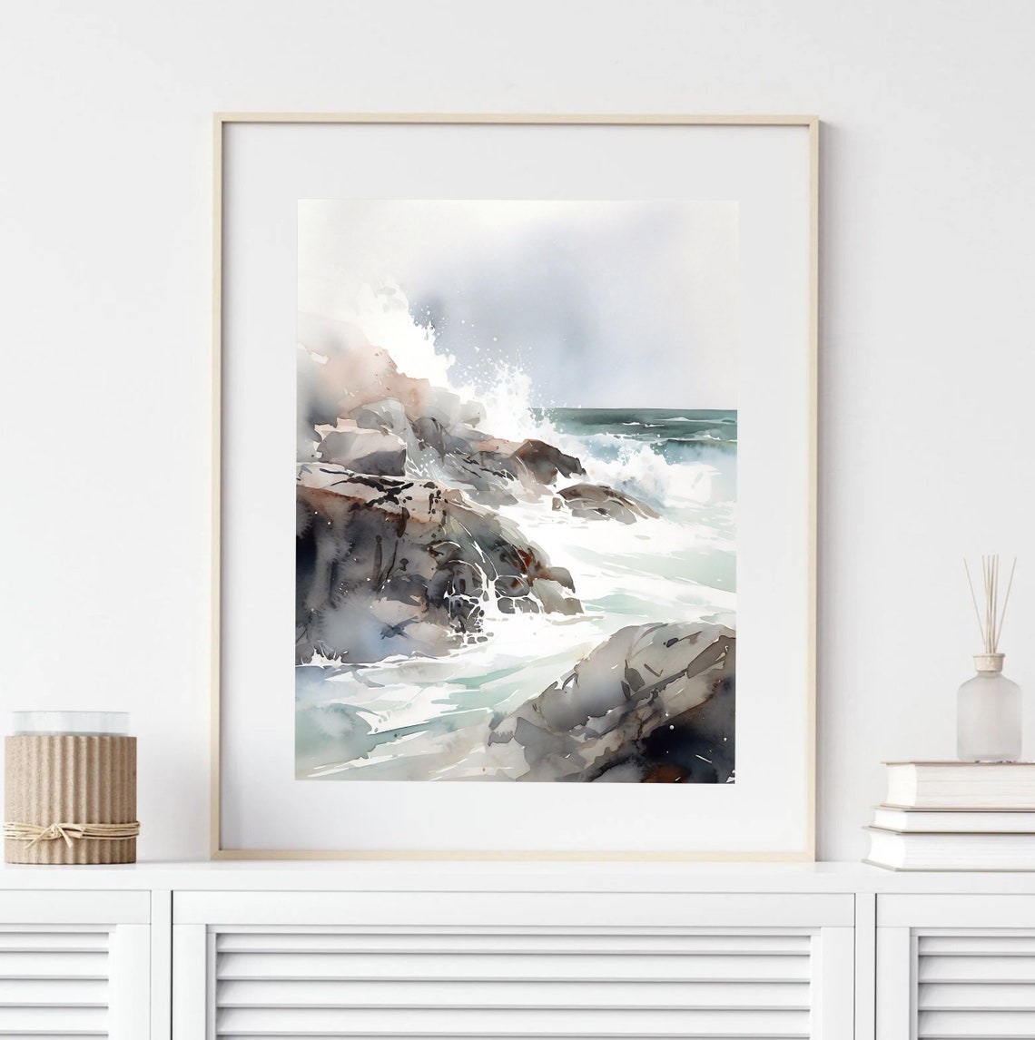 Ocean Waves Crashing Dark Rocks Spray Watercolor Seascape Poster - Image 4