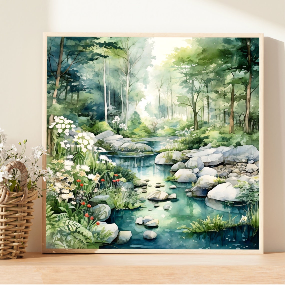 Forest Stream With Rocks White Flowers Green Watercolor Poster - Image 4