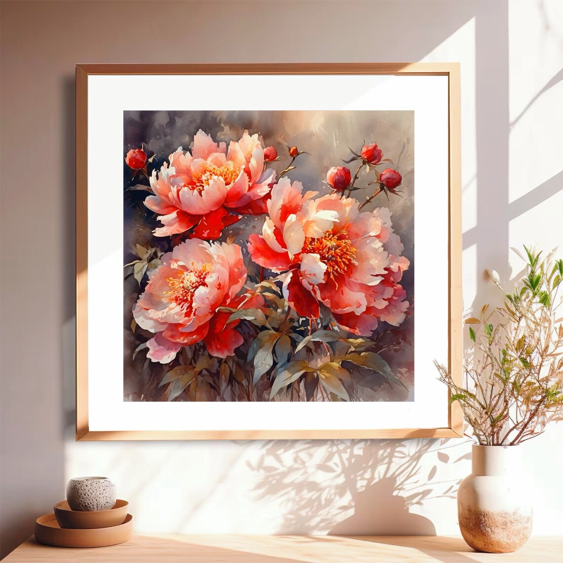 Coral Peony Blooms Close Up Blossoms Buds Watercolor Floral Poster - Image 5