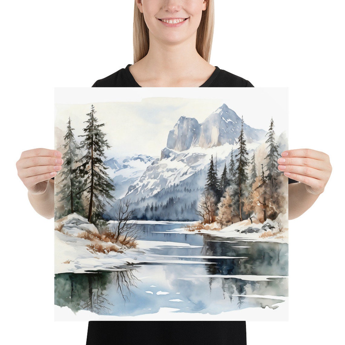 Snowy Peaks Frozen Lake Pine Trees Winter Reflection Watercolor Poster - Image 5