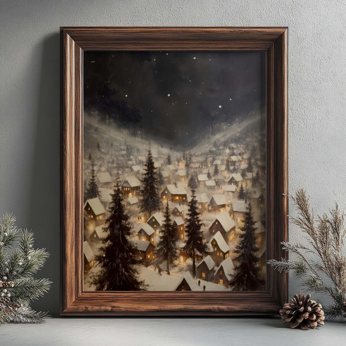 Snowy Winter Village Night Glowing Windows Pine Trees Art Poster - Image 4