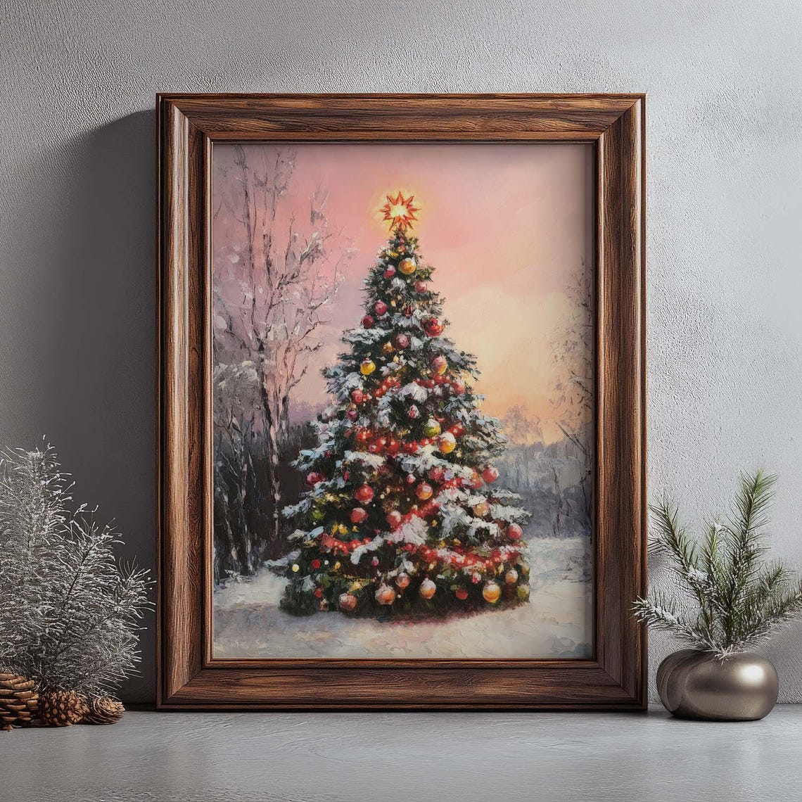 Decorated Christmas Tree Ornaments Glowing Star Snowy Art Poster - Image 4