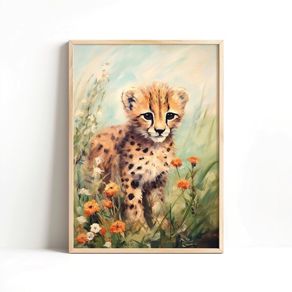 Baby Cheetah Cub Flower Painting Cute Safari Nursery Wall Decor Poster