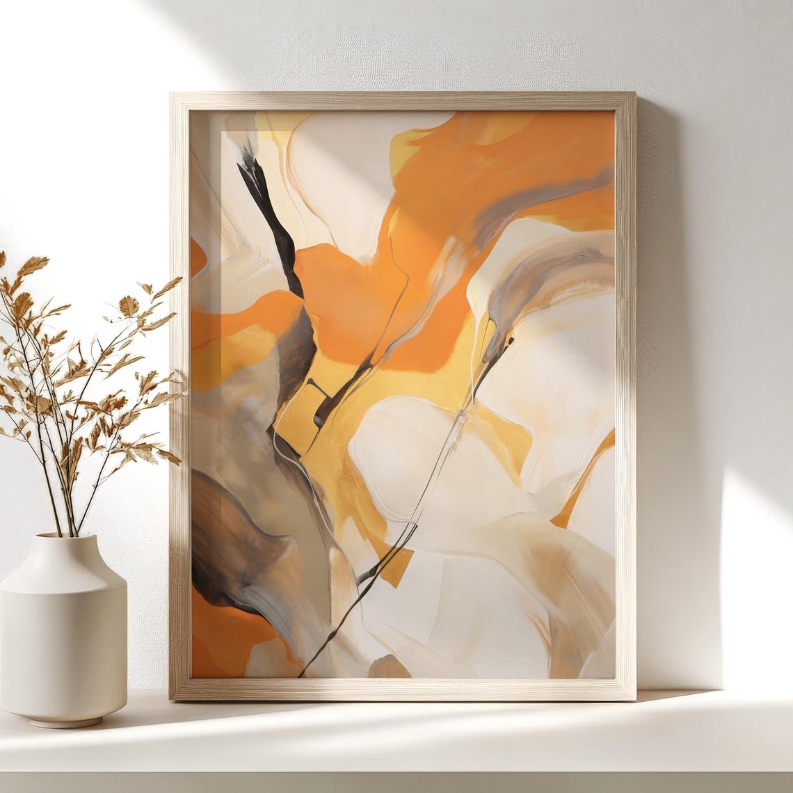 Bold Orange And Beige Abstract With Dark Ink Line Modern Art Poster - Image 2