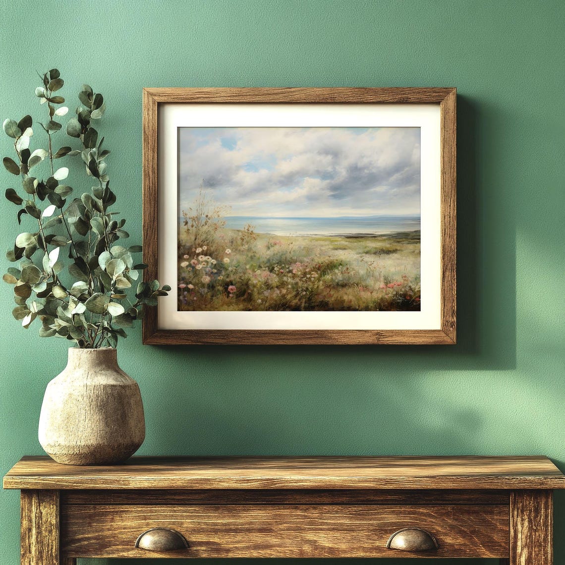 Coastal Wildflower Meadow Cloudy Sky Calm Seaside Landscape Poster - Image 3