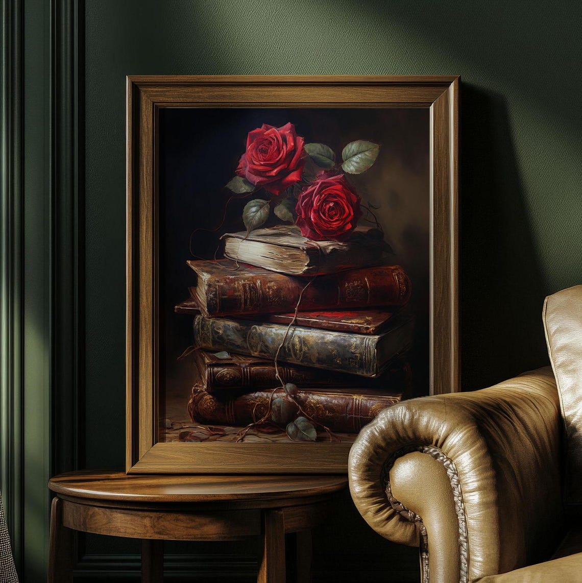 Twin Red Roses Antique Book Stack Moody Vintage Rose Art Poster - Image 4