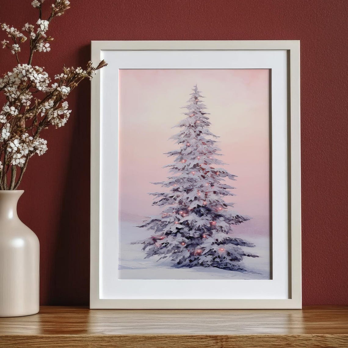 Snowy Christmas Tree Pink Sky Holiday Winter Wonderland Art Poster - Image 2