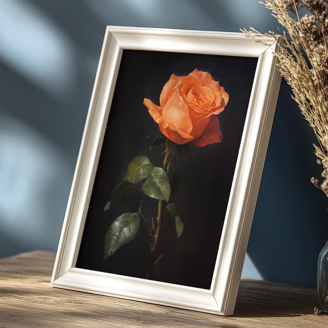 Orange Rose Dark Background Moody Botanical Flower Painting Poster - Image 3