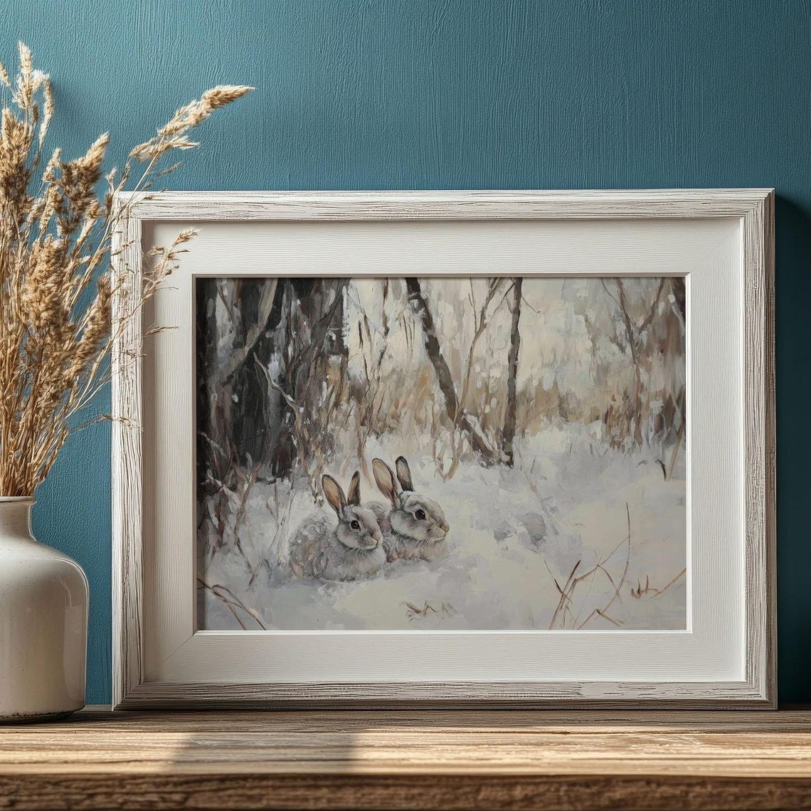 Rabbit Pair Snowy Forest Clearing Vintage Winter Wildlife Poster - Image 3