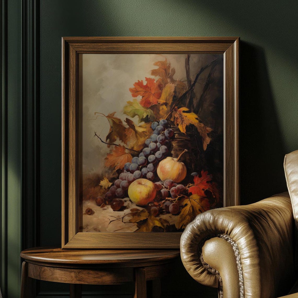 Autumn Still Life Grapes Apples And Fall Leaves Vintage Fruit Poster - Image 4
